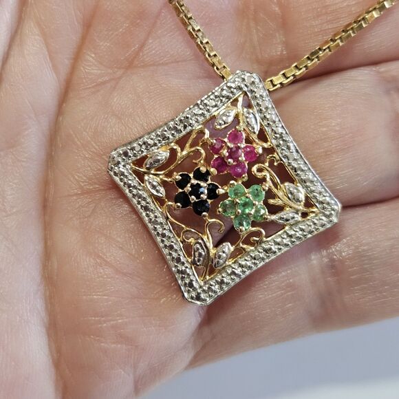 Vintage Sterling Silver Gold Vermeil Ross Simons Gemstone Pendant Necklace 18" - Picture 1 of 16